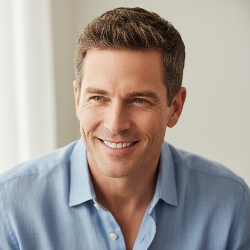 A happy, confident man with a clean short haircut, captured from above the belt up. He is smiling naturally, exuding vitality and self-assurance. The setting is bright, modern, and minimalistic with soft natural lighting and a neutral background (white, beige, or light gray tones). His hair appears healthy, thick, and well-groomed — subtly highlighting the product’s effect. The overall mood is uplifting, premium, and authentic — perfect for a men’s wellness or haircare brand hero section.